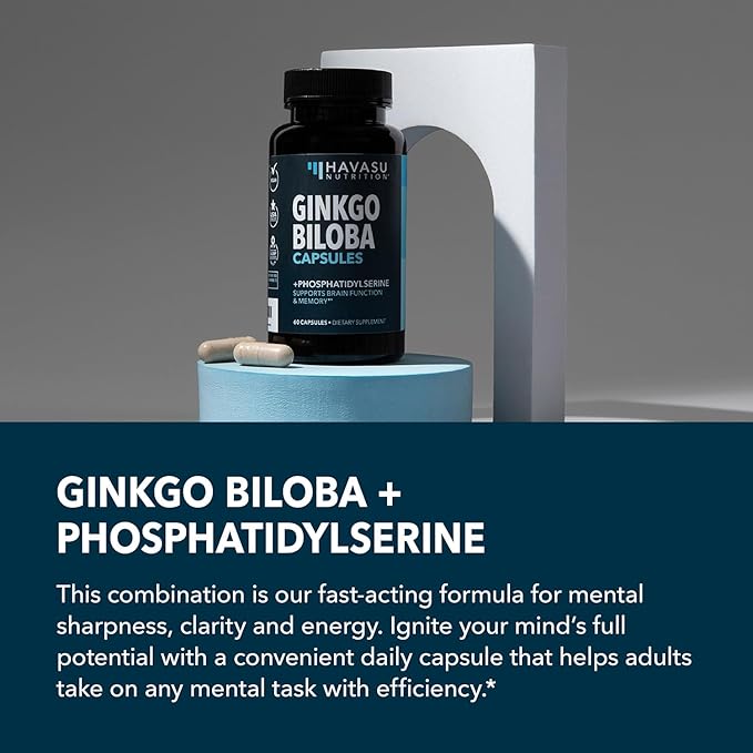 Ginkgo Biloba 120mg - Nootropic that Supports Brain Health, Mental Alertness, Memory & Focus - Energy and Focus Supplement With Ginkgo Biloba Extract and Phosphatidylserine - 60 Non-GMO Capsules