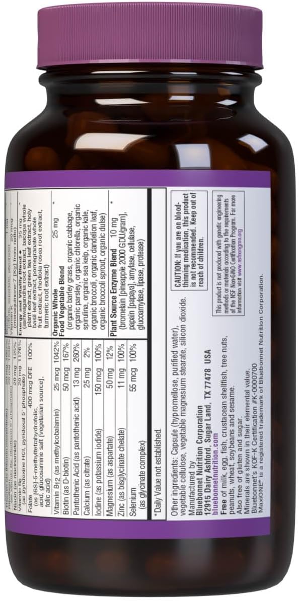 Bluebonnet Nutrition Maxi One (Iron-Free), Whole Food Multiple, Enzymes, Energy, Vitality, Gluten, Soy & Green Free, Kosher, Vegetarian Friendly, Non-GMO, 90 Count