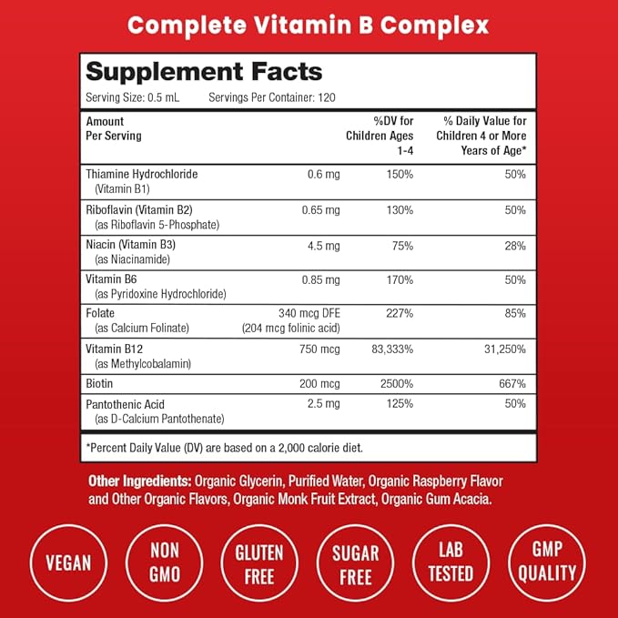 Vitamin B Complex for Kids | B1, B2, B3, B6, B7, B9 & Methyl B12 | Kids B Complex Liquid Drops Supplement | Energy, Focus, Metabolism | Vegan & Non-GMO | Natural Berry | 120 Servings | 4 Month Supply