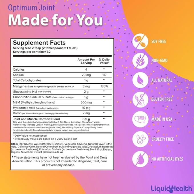 LIQUIDHEALTH Optimum Joint Support Liquid Multivitamin with Glucosamine, Chondroitin, MSM, Hyaluronic Acid - Increase Mobility, Joint Comfort, for Runners & Athletes, Sugar-Free, Vegan (3pack)
