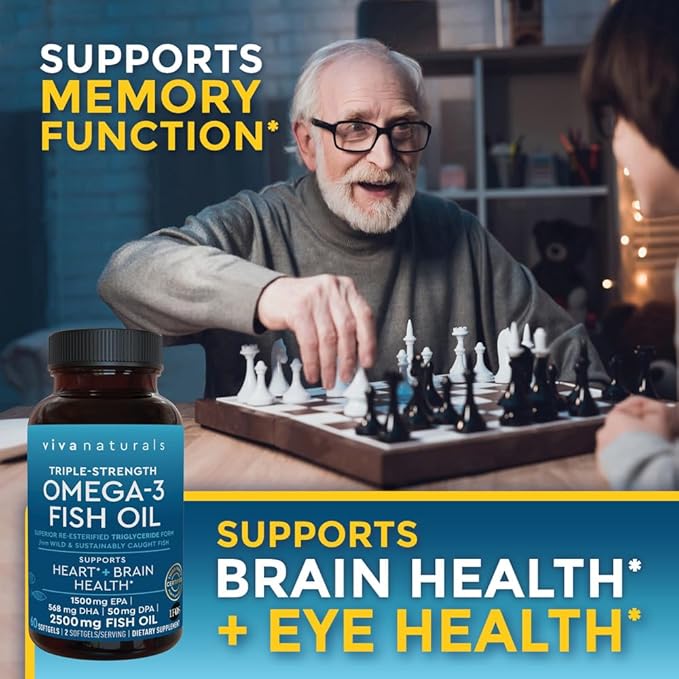 Viva Naturals Triple Strength Omega 3 Fish Oil Supplement - 2500 mg Fish Oil with Re-Esterified Omega 3 Fatty Acids Including EPA, DHA DPA - 60 Pescatarian-Friendly Softgels