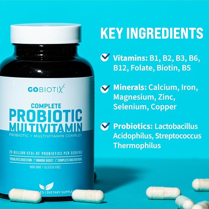GOBIOTIX Probiotic Multivitamin Supplement - Daily Multivitamins with Probiotics - 25 Billion CFU - Boost Immunity and Digestive Health, Probiotics for Women and Men - Gluten Free Pills - 90 Capsules