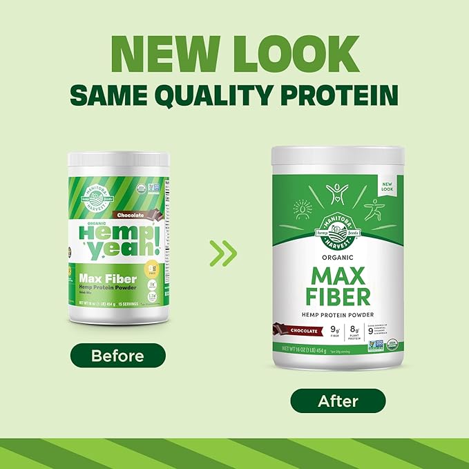 Manitoba Harvest Hemp Yeah! Organic Max Fiber Protein Powder, Omegas 3&6 per Serving, Chocolate, 16 Ounce, Packaging May Vary