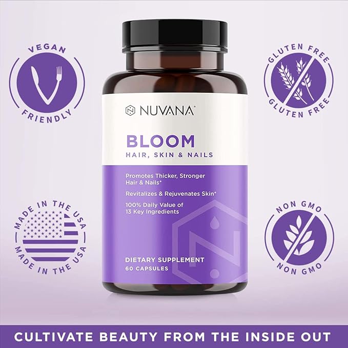 Bloom Biotin 5000mcg B7 for Healthy Hair Growth, Supports Hair Loss, Beautiful Skin & Strong Nails with Hyaluronic Acid, Collagen, Folate, Vitamin E, A, B6 | Made in USA