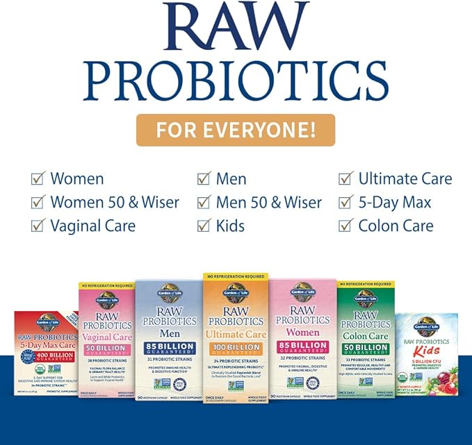 Raw Probiotics - 100 Billion CFU, Shelf Stable, 30 Capsules - For Men and Women, Digestive Enzymes, Clinically Studied Strains - by Garden of Life