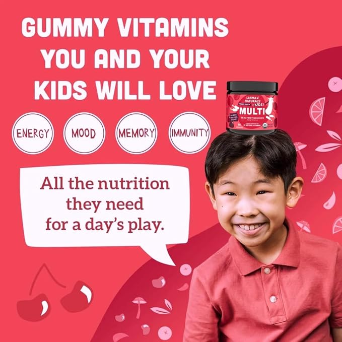 Real Fruit Gummy Vitamins for Kids, No Added Sugar Cane, Beta Carotenes, Whole Food Multivitamin, Vegan Toddler Gummies, Plant Based, Organic, Chewable 90 ct (30-45 Days) Cherry (2 Pack)