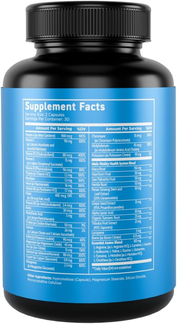 Vital Vitamins Men's Multivitamin Complex - Made with Essential Amino Acids & Maca Root - with Vitamin A, C, E, B6, B12, D3 & Male Performance Blend - Daily Mens Multivitamin - 60 Capsules