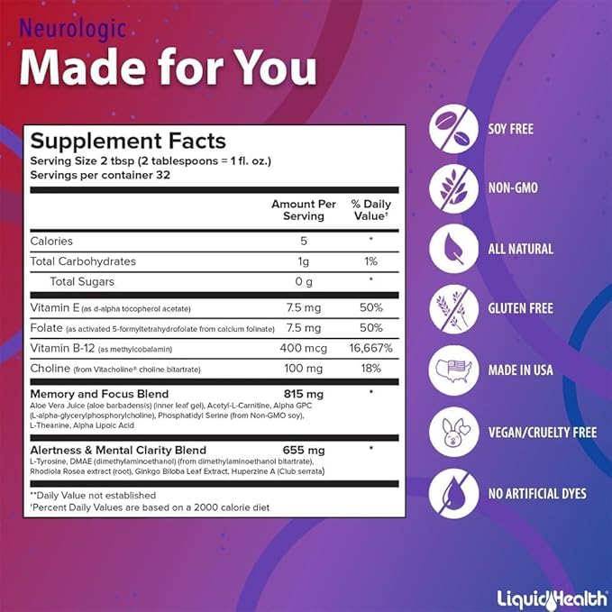 LIQUIDHEALTH 32 Oz Liquid Neurologic Focus Supplement, Nootropic for Cognitive Function, Brain Supplement for Memory & Focus, Brain Booster, Ginkgo Biloba, Choline, L-Theanine (3 Pack)
