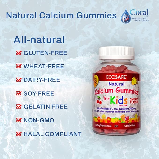 Coral Calcium Vitamin D3 Kids Gummy, Natural Cherry Flavor, Non GMO, Gluten-Free, Dairy-Free, Soy-Free and Gelatin Free - 300 mg of Calcium, and 800 IU of Vitamin D3-60 Gummies (1 Pack)