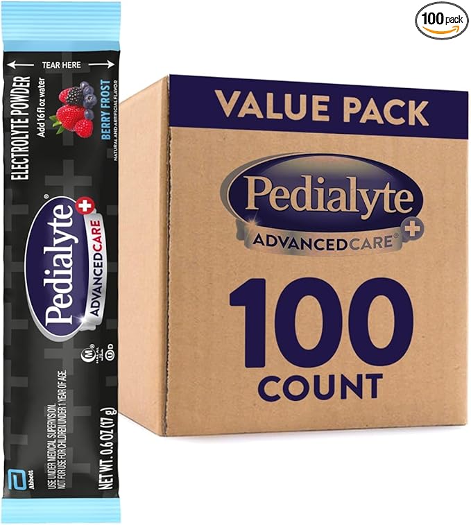 Pedialyte AdvancedCare Plus Electrolyte Powder, Berry Frost, Has PreActiv Prebiotics, Electrolyte Drink, 100 Single-Serving Powder Packets