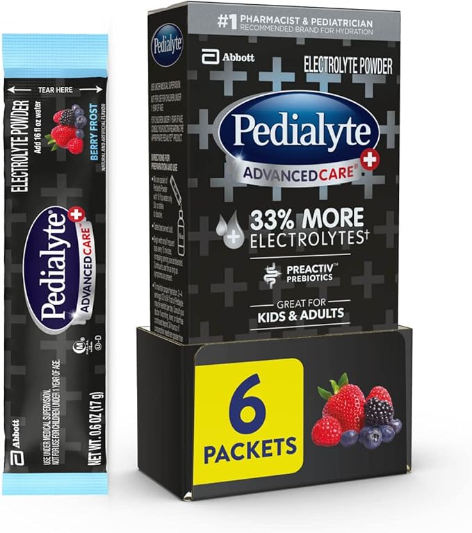 Pedialyte AdvancedCare Plus Electrolyte Powder, with 33% More Electrolytes and PreActiv Prebiotics, Berry Frost, Electrolyte Drink Powder Packets, 0.6 oz, 6 Count
