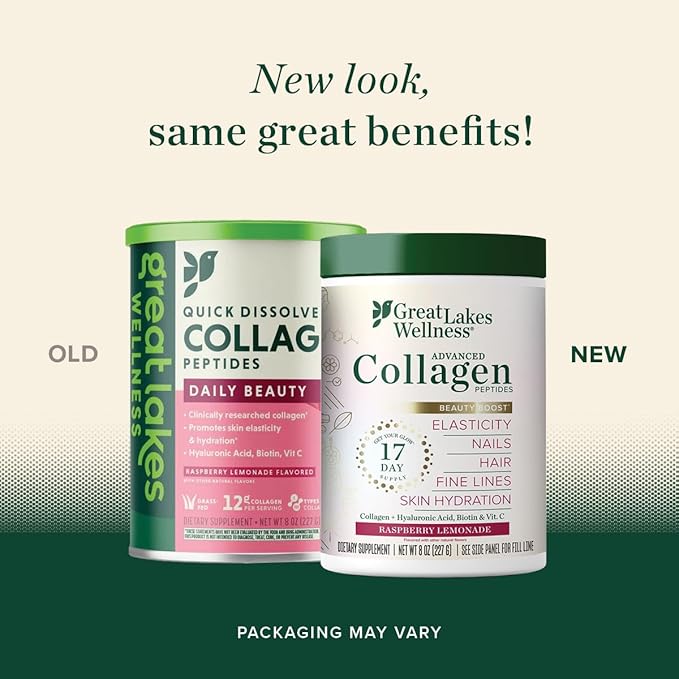 Great Lakes Wellness Beauty Boost Advanced Collagen Peptides - Hyaluronic Acid, Biotin, Vitamin C - Skin Elasticity & Hydration - Raspberry Lemonade - Non-GMO, Kosher, Keto - 8 oz - Packaging May Vary