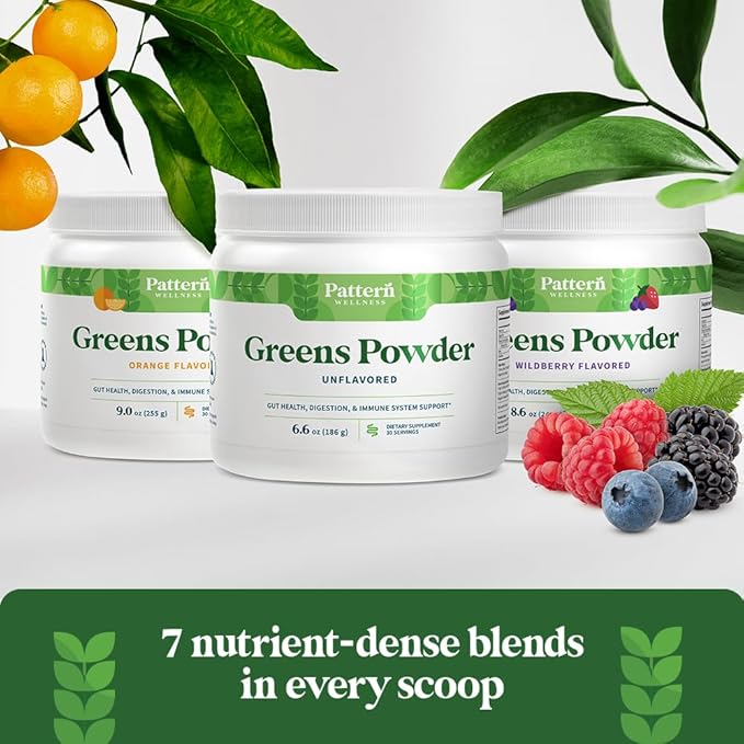 Pattern Wellness Greens Powder Superfood - Complete with Antioxidant, Digestive Enzyme, Fiber, Probiotic, & Adaptogen Blends - Gut, Digestion, & Immune System - 30 Servings - 9.0 oz (Orange Flavor)