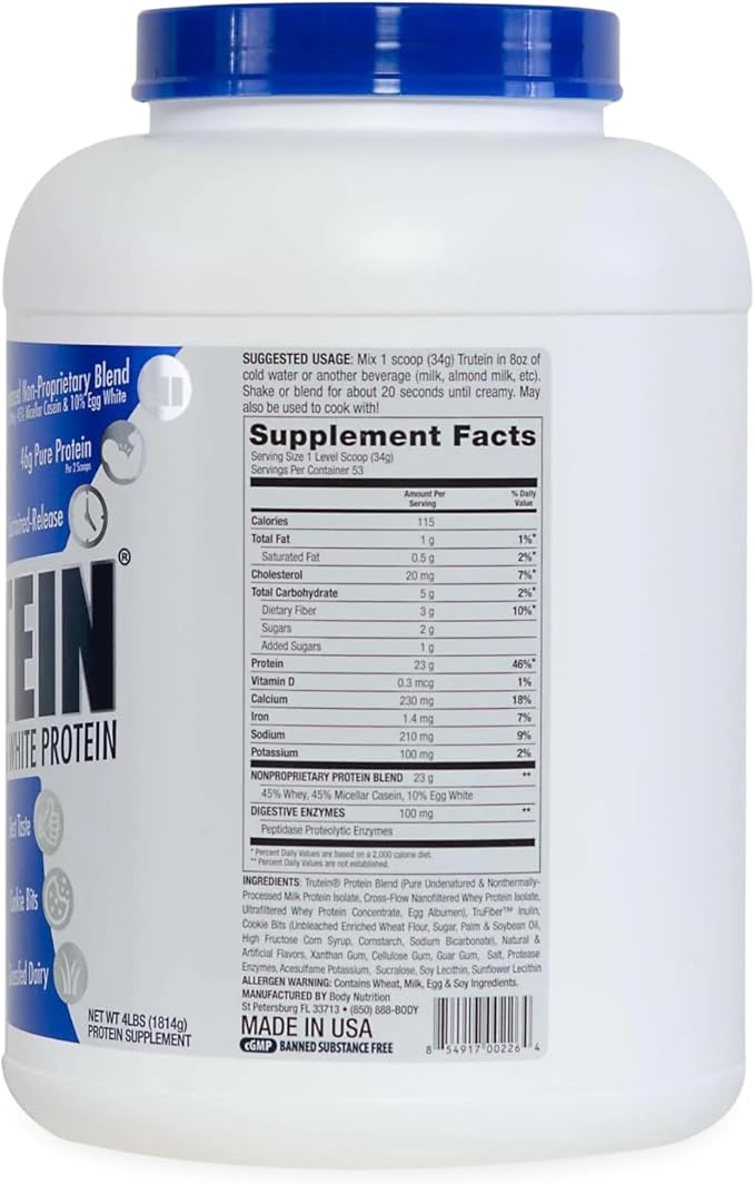 Body Nutrition Trutein High Protein Powder: 45% Whey, 45% Casein, 10% Egg White Protein Shake Mix, Low Sodium, Low Carb Protein Supplement Powder for Men & Women, Cookies & Cream, 4lb