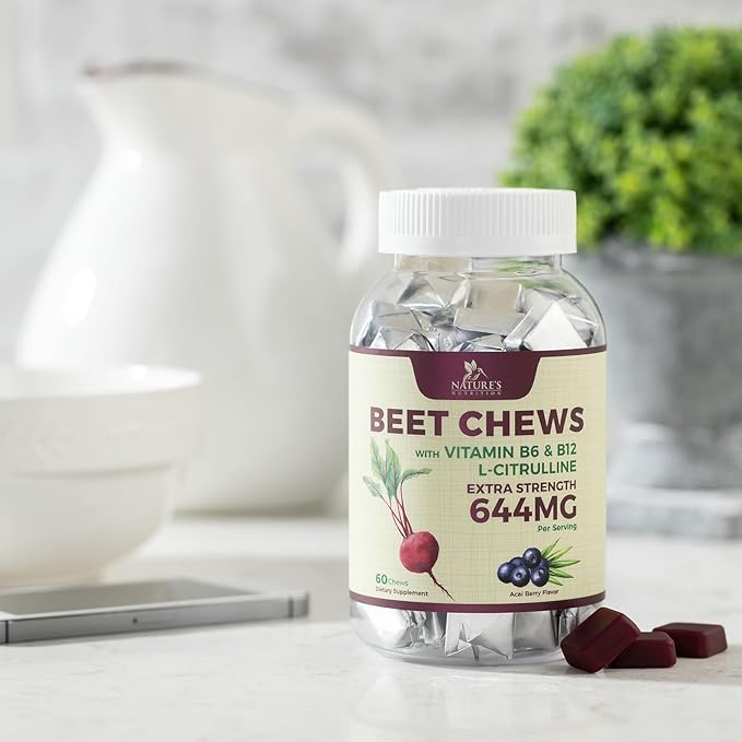 Beet Chews - Soft Beet Root Chewables with Grape Seed Extract Supports Heart Health & Energy with Powerful Antioxidants - Nature's Beetroot Nitric Oxide Supplement, Berry Flavor - 60 Vegan Soft Chews