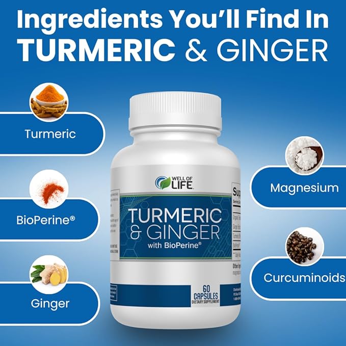 Well of Life: Turmeric & Ginger with BioPerine®: Joint Support - 655mg | 60 Veg Capsules. Helps Immune Function, Digestive Health, and Overall Wellness. Made in USA.