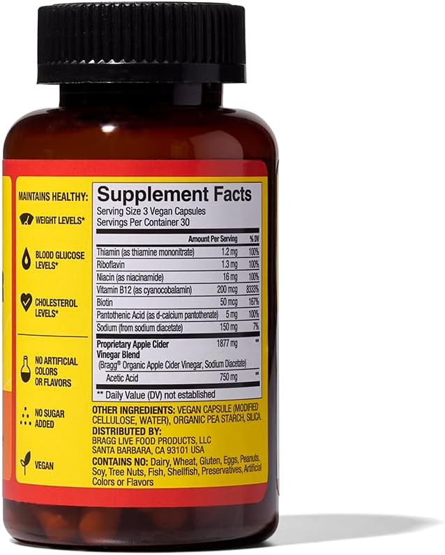 Bragg Energy Apple Cider Vinegar Capsules with B Vitamins - 90 Capsules - Helps Generate Energy at Cellular Level