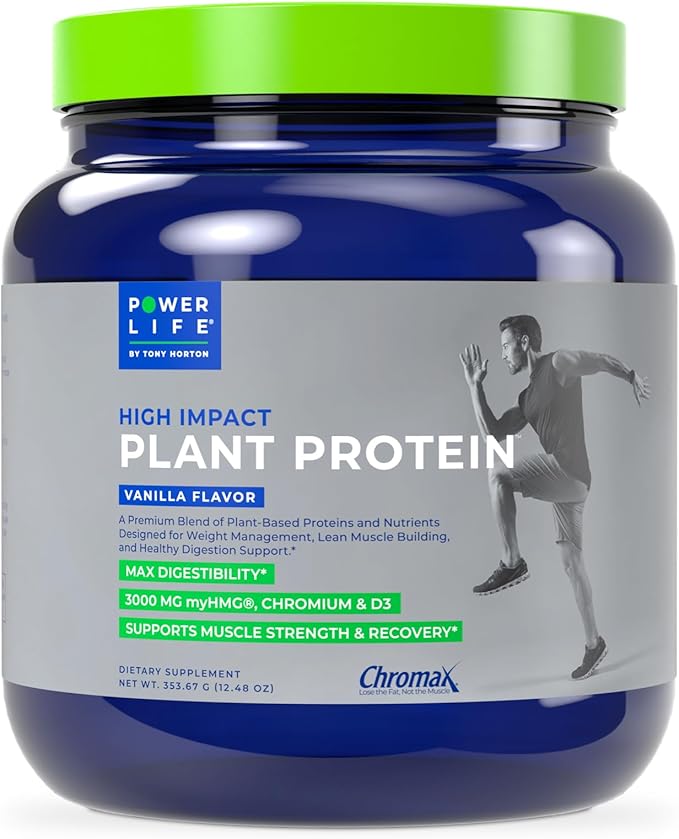 POWERLIFE Tony Horton High Impact Plant Protein Powder with 3000 MG of HMB, Plant-Based, No Sugar Added, Vegan, Keto Friendly, Non-GMO (Vanilla - New Formula)