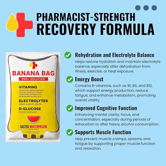 Banana Bag Oral Solution Recovery Packets - I.V. Alternative - Salted Watermelon 30pk: Pharmacist-Formulated for Fast Energy Boost, Rehydration & Wellness. Electrolytes + Vitamin C + Strong B-Complex