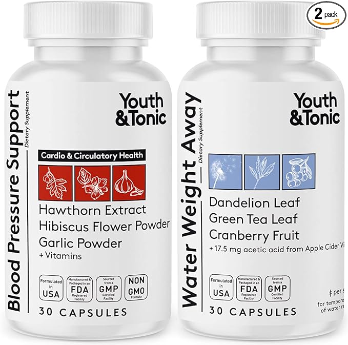 Youth & Tonic Daily Water Weight Away Pills and Blood Pressure Support Supplements/Natural Diuretics for Water Retention & BP Capsules to Maintain a Good Circulatory Health / 60 CPS for Women & Men