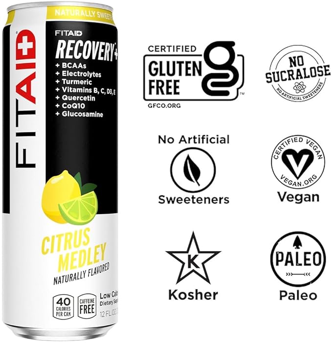 FITAID Recovery Blend, 100% Clean and Paleo Friendly, BCAAs, Glucosamine, Electrolyes, L-Glutamine, L-Arginine, Turmeric, Naturally Sweetened, Vegan 12 Fl Oz (Pack of 24)