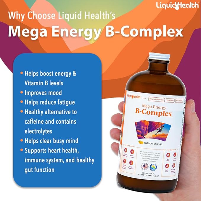 LIQUIDHEALTH Mega Energy Methylated B-Complex, Adult Liquid Vitamin Supplement - Increase Energy, Relieve Stress & Fatigue, Immune System Support, Heart & Gut Health - Vegan, Sugar-Free (2 Pack)