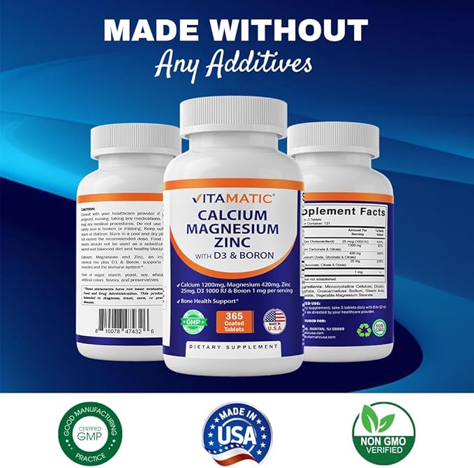 Vitamatic Calcium Magnesium Zinc D3 Boron | 365 Coated Tablets Supplement | Calcium 1200 mg, Magnesium 420mg, Zinc 25mg, Vitamin D3 1000 IU, Boron 1 mg | Non-GMO | Gluten Free | Made in USA