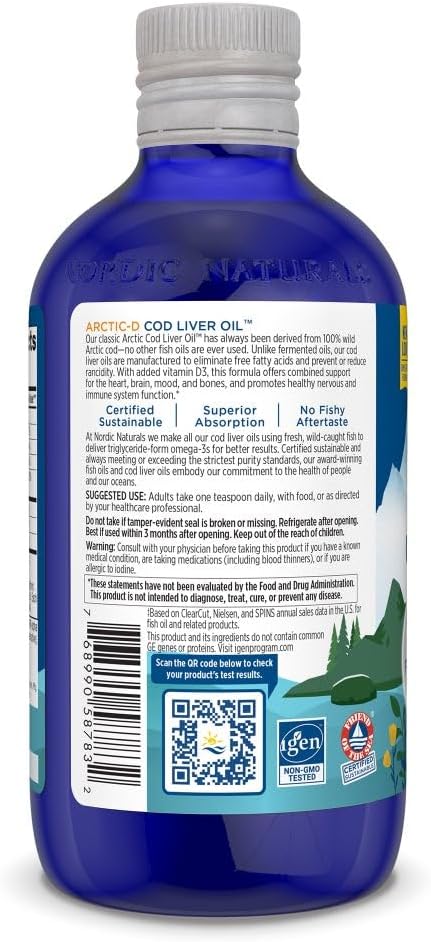 Nordic Naturals Arctic-D Cod Liver Oil, Lemon - 8 oz - 1060 mg Total Omega-3s + 1000 IU Vitamin D3 - EPA & DHA - Heart, Brain, Bone, Immune & Mood Support - Non-GMO - 48 Servings