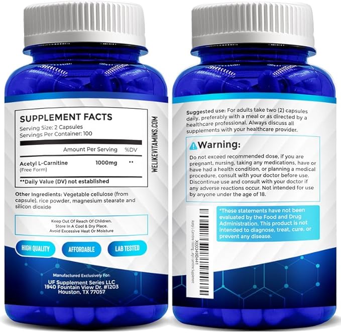 We Like Vitamins Acetyl L-Carnitine 1000mg Capsules - 200 Easy to Swallow Veggie Capsules - Acetyl l Carnitine Supplement Helps Support Focus, Brain Function, and Energy