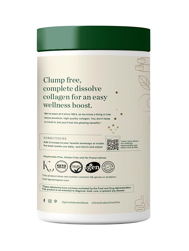 Great Lakes Wellness Collagen Peptides Powder for Skin, Hair, Nails, Joints & Digestion - Unflavored - Quick Dissolve Hydrolyzed, Non-GMO, Keto, Kosher - 16oz - Packaging May Vary