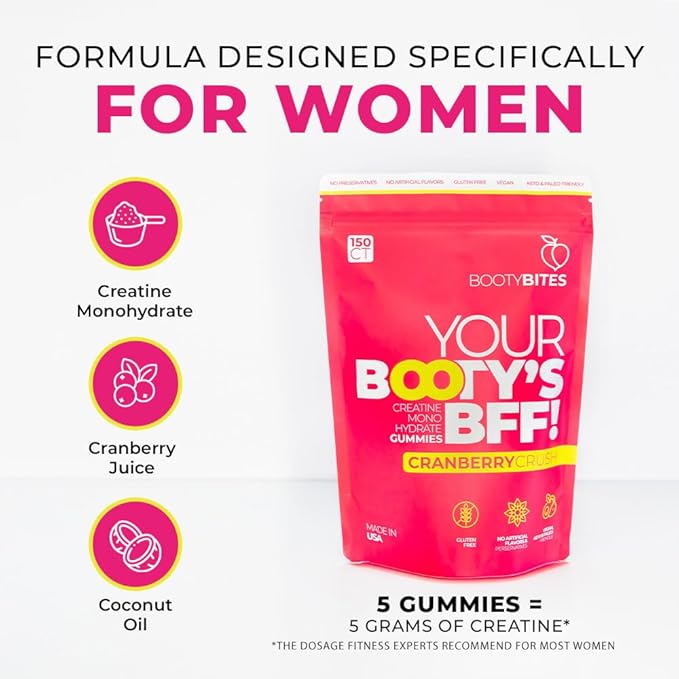 Creatine Gummies for Women, 5g - Creatine Monohydrate for Women - Workout Recovery, Muscle Toner, Boost Energy - Booty Gummies - Gluten Free, Vegan Creatine Chews Gummy, Cranberry Flavor (150)