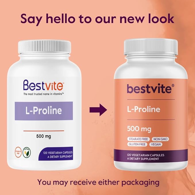 BESTVITE L-Proline 500mg (240 Vegetarian Capsules) (120 x 2) - No Stearates - No Fillers - Vegan - Gluten Free - Non GMO