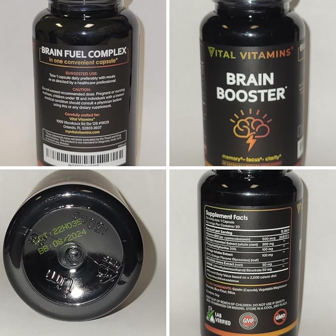 Vital Vitamins Brain Supplements for Memory and Focus (2 Pack) - Nootropic Brain Support - Memory, Clarity, Focus, Energy - Vitamin B12, Gingko Biloba, DMAE