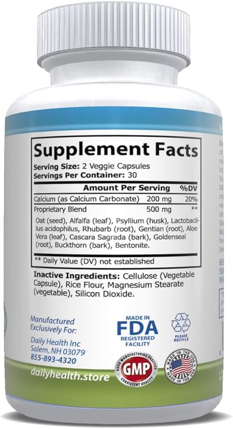 Daily Colon Cleanse 700mg All Natural Formula 10 Herbs, Fiber, Alfalfa, Aloe Vera, Rhubarb, Gentian, Buckthorn, Goldenseal, Lactobacillus acidophilus 60 Vegetable Capsules (Two 15 Day Cleansing Kits)