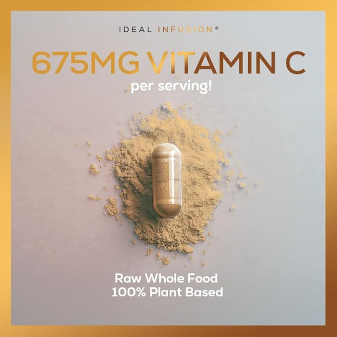 Ideal Infusion Raw Whole Food Vitamin C Complex: Natural Vitamin C Extracted from Organic Oranges and Acerola Cherries with Food Based Bioflavanoids (60 Servings) No Synthetic Ascorbic Acid