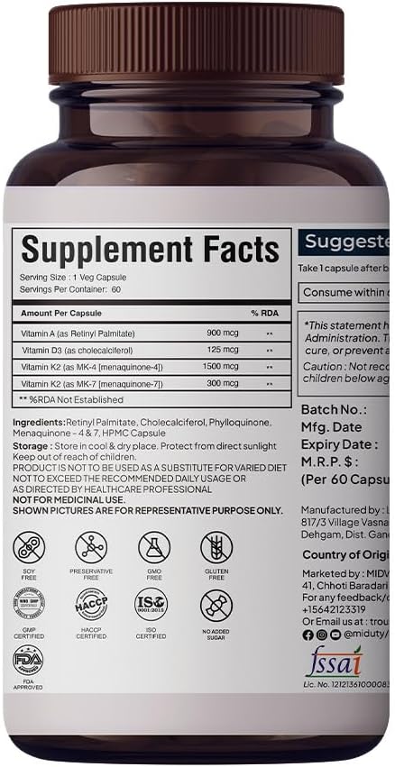 Vitamin ADK Multivitamin Contains Vitamin A - D3 - K2 Vitamin ADK Supplement for Men and Women - 60 Capsules