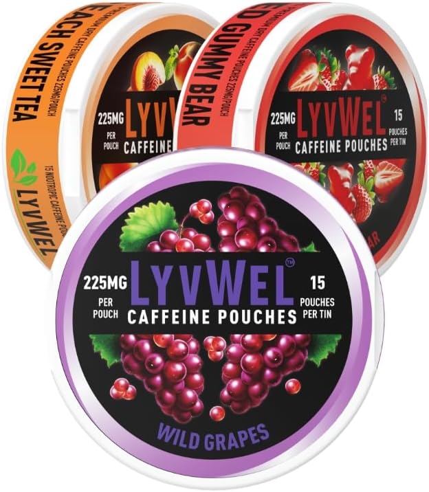 225mg Caffeine Energy Pouches | Nootropic Focus & Neuro Support | Tobacco-Free, Nicotine-Free, Quick Energy Solution | 3-Pack: 45 Pouches (3 Pack, Wild Grapes, Peach Sweet Tea, Red Gummy)