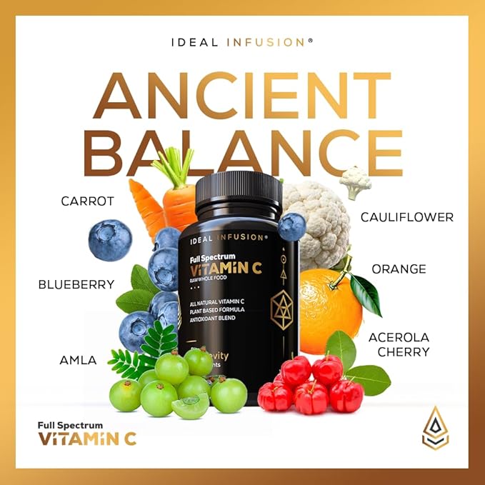 Ideal Infusion Raw Whole Food Vitamin C Complex: Natural Vitamin C Extracted from Organic Oranges and Acerola Cherries with Food Based Bioflavanoids (60 Servings) No Synthetic Ascorbic Acid