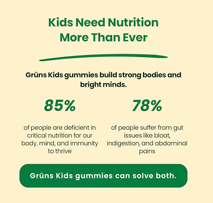 Gruns Kids Super Greens Gummies, Sugar-Free - Superfood Gummy Bears with Spirulina, Chlorella & Prebiotics for Digestive Health - Adaptogens Supplement with 20 Vitamins & Minerals - 1 Month Supply