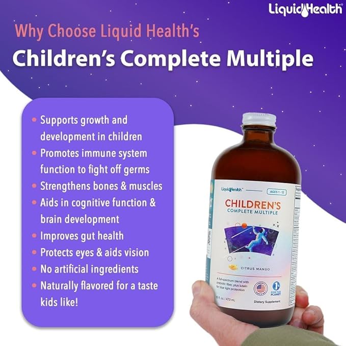 LIQUIDHEALTH 16 Oz Kids Liquid Multivitamin Complete Multiple for Children, Toddlers - Essential Vitamins & Minerals Supplement, Immune Support, Gluten Free, Non GMO, Prebiotic Fiber