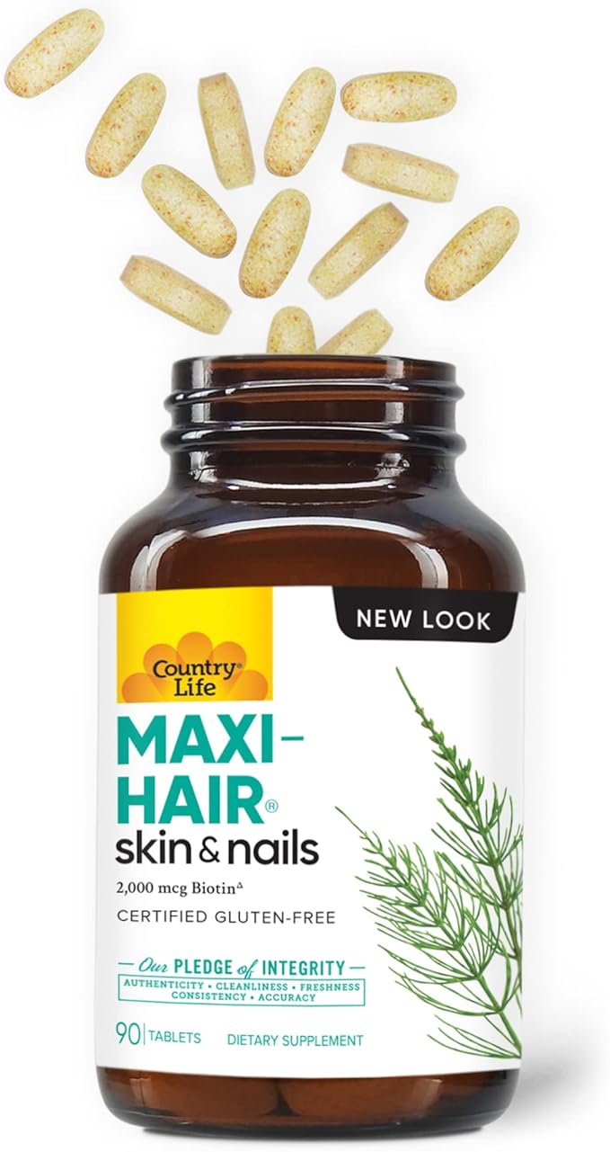 Country Life Maxi-Hair Supplement - 2000mcg Biotin & Vitamins for Hair, Skin & Nails - Certified Gluten-Free & Vegetarian - Supports Hair Growth, 90 Tablets