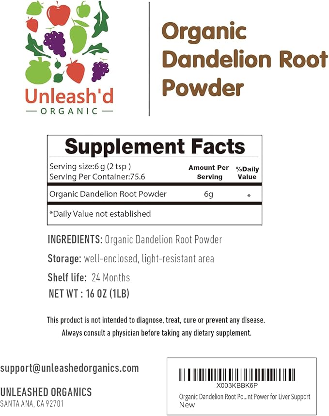 UNLEASH'D ORGANIC Organic Dandelion Root Powder 16 oz for Tea and Beverages Vegan Friendly Detoxifies and Supports Digestive Health