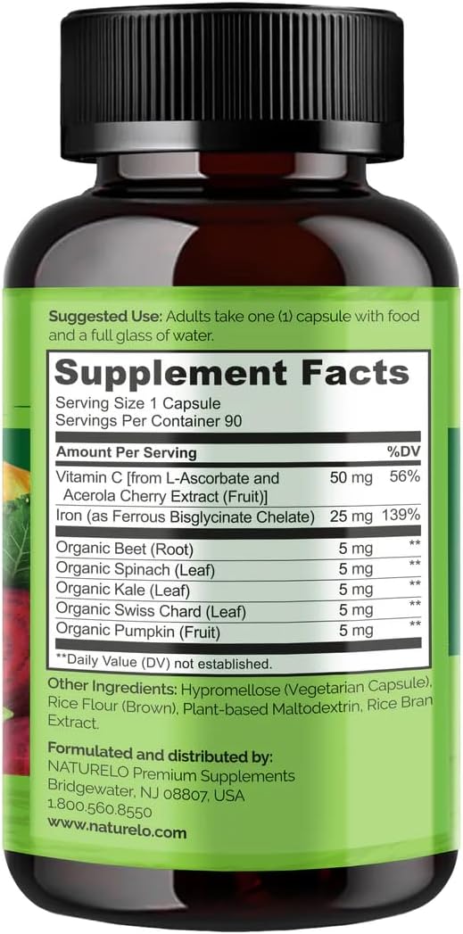 NATURELO Vegan Iron Supplement with Vitamin C and Organic Whole Foods - Gentle Pills for Women & Men w/Iron Deficiency Including Pregnancy, Anemia Diets 90 Mini Capsules