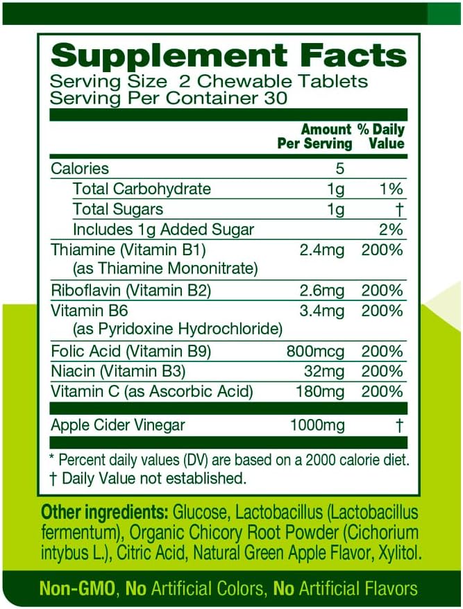 Apple Cider Vinegar 60 Chewable Tablets Healthy Heart Immune Support Energy Production Supplement