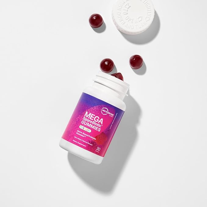 Microbiome Labs Spore Based Probiotic Gummies for Women, Men & Children - MegaSporeBiotic Gummies - 4 Bacillus Probiotics for Digestive Health & Microbiome Support - Berry Flavor (60 Gummies)