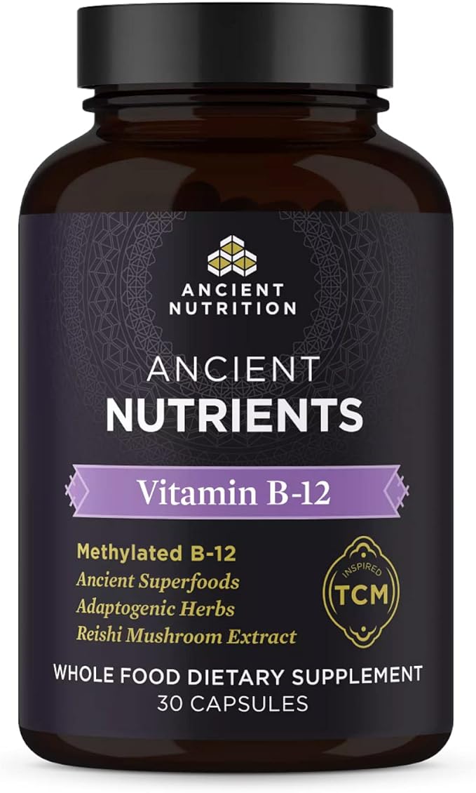 Vitamin B12 Supplement by Ancient Nutrition, Supports Energy Metabolism and Nervous System Health, Adaptogenic Herbs, Enzyme Activated, Paleo & Keto Friendly, 30 Capsules
