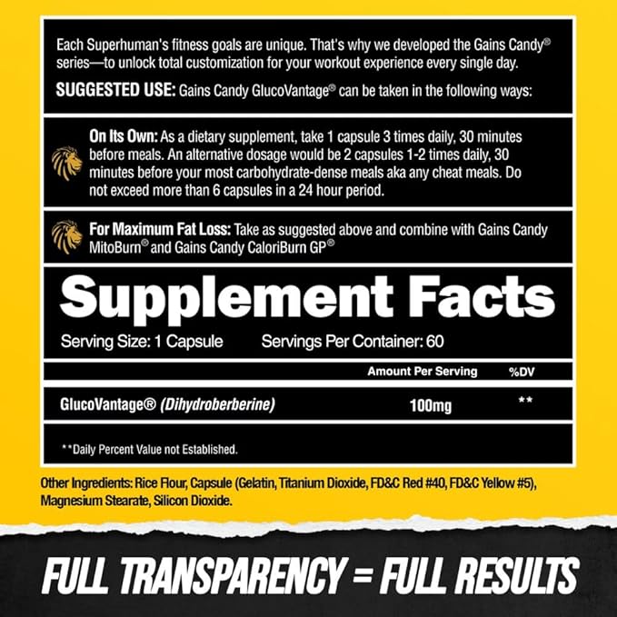 ALPHA LION Gains Candy, Supplement Pills That Support Weight Loss, Muscle Building, Decrease Body Fat, Upgrade Energy & Workout Performance, 60 Capsules (DHB Berberine-GlucoVantage®)