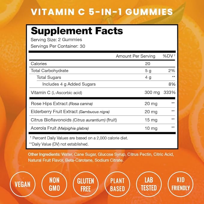 Vitamin C Gummies for Adults & Kids | 5-in-1 Immune System Support with Elderberry, Rosehips, Citrus Bioflavonoids & Acerola Cherry | Vegan VIT C Immunity Booster Supplement Chewable Gummy (2 Pack)