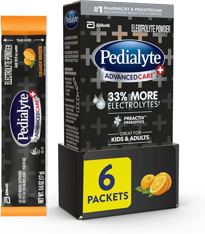 Pedialyte AdvancedCare Plus Electrolyte Powder, with 33% More Electrolytes and PreActiv Prebiotics, Orange Breeze, Electrolyte Drink Powder Packets, 0.6 oz, 6 Count