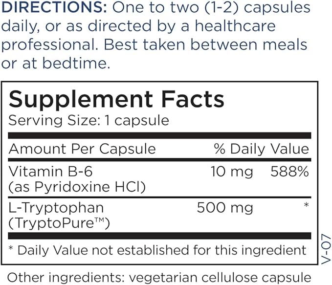 Metabolic Maintenance L-Tryptophan - 500mg Amino Acid in The 'Free Form' for Superior Absorption + Vitamin B6 - Mood + Appetite Supplement, Vegan + No Fillers (60 Capsules)